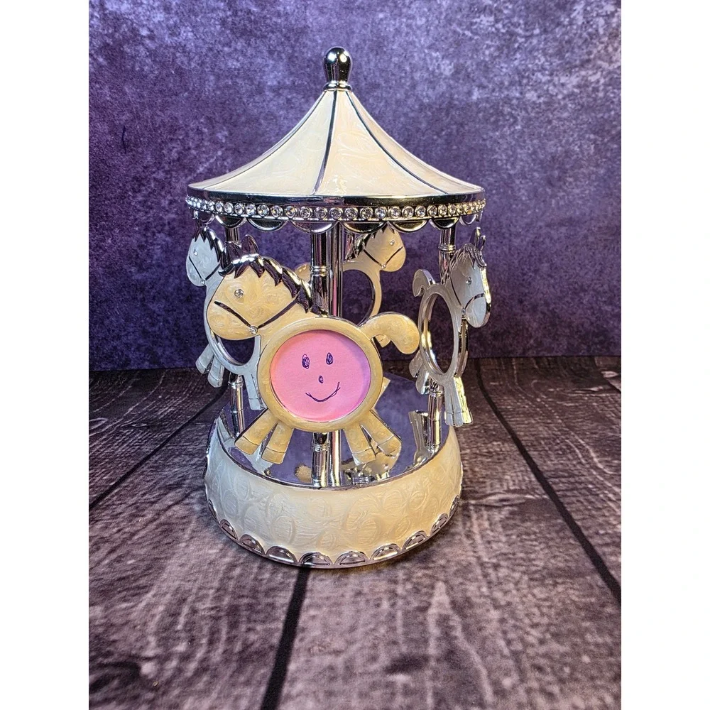 TR Carousel Horse Rotating Multi Photo Frame Silver Cream Enamel Nursery Decor